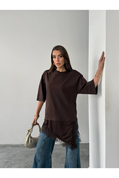 mydukkan.co Δαντελένια Λεπτομέρεια Oversize Basic - Καφέ