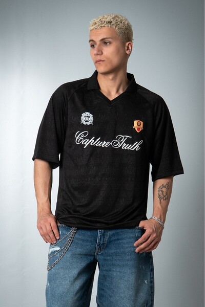 Plus Eighteen Capture Truth Polo Collar Black Men's Football Jersey