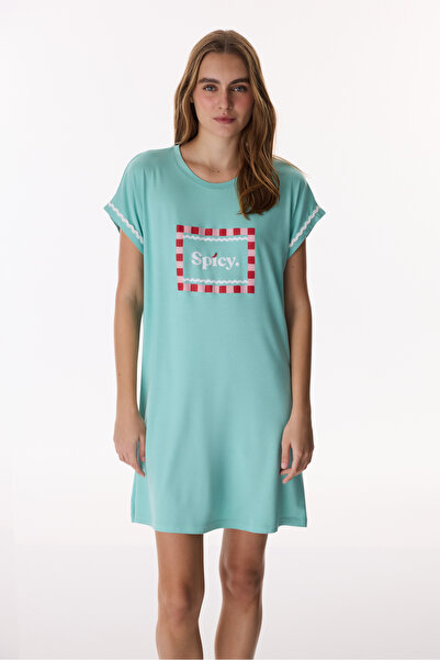 Penti Mint Green Hailey Slogan Patterned Short Sleeve Nightgown