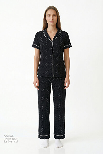 Penti Black Polka Dot Cotton Piece Shirt Pants Pajama Set