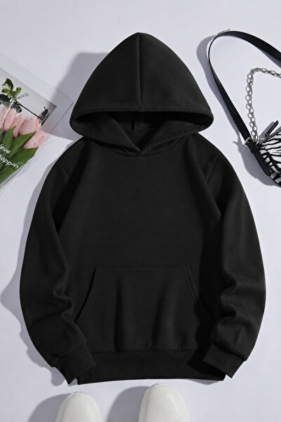 BYMEER Black Plain Hooded Oversize Sweatshirt