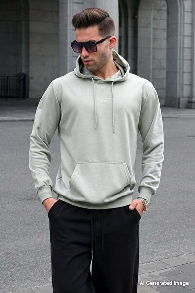 Madmext Mint Green Hooded Printed Men's Sweatshirt 6017