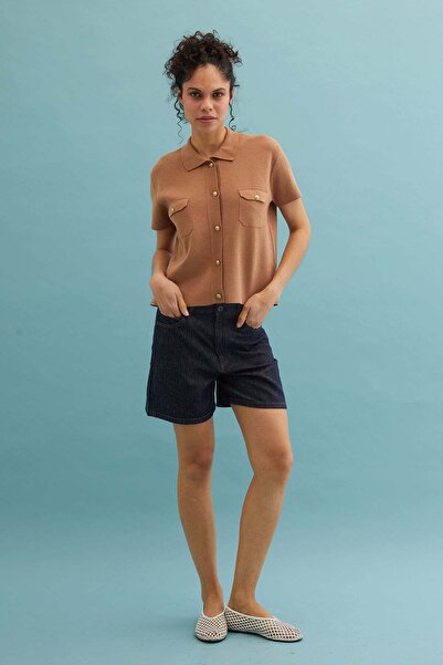 Silk and Cashmere Bej Katia Polo Yaka Kısa Kollu Hırka