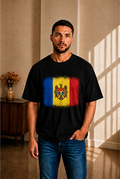sngl tekstil Ανδρικό μπλουζάκι oversized Moldova Flag με τύπωμα με κοντό μανί...