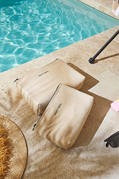Ocean Home Textile 2 Adet Termal Astarlı Su İtici Leke Tutmaz Jüt Keten Makyaj İlaç Çantası Seti 19x13x7/23x16x7
