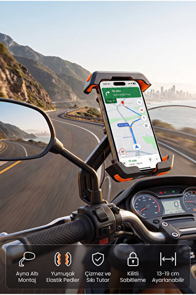 omitech Motosiklet Telefon Tutucu Ayna Bağlantılı 360° Döner Sıkı Kilitli Uni...