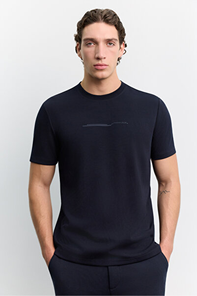 Avva Men's Navy Blue Crew Neck Shiny Rubber Printed Interlock Regular Fit T-S...