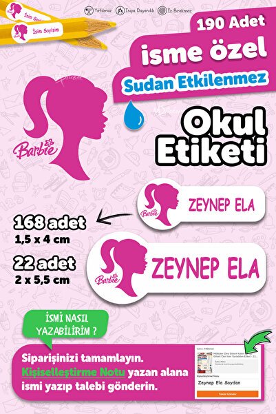 MSticker Okul Etiketi Kalem Defter Etiketi Barbi 2 Temalı Özel Isim Yazılabil...