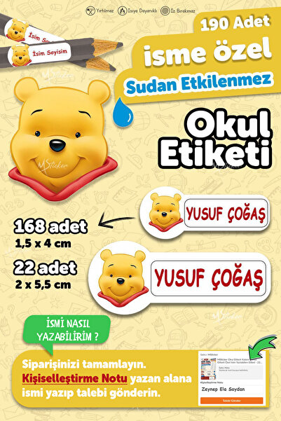MSticker Okul Etiketi Kalem Defter Etiketi Özel Isim Yazılabilen Etiket Winni...