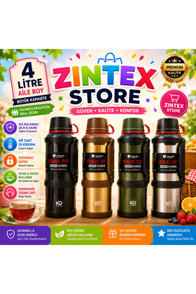 zintex store 4 Litre Paslanmaz Çelik Termos Aile boy
