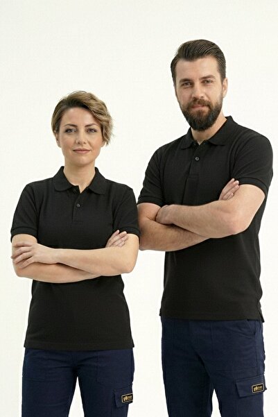 ÇİZGİ MEDİKAL Black Polo Collar Short Sleeve Work T-Shirt Combed Cotton Fabric