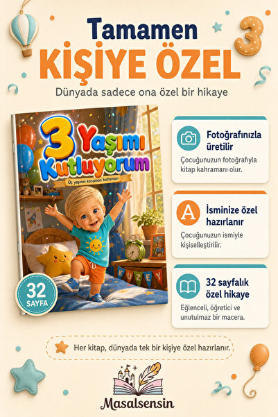 3 Yaş Doğum Günü Kişiye Özel Çocuk Kitabı - İsme Özel Masal - Çocuğa Yaş Günü Hediyesi