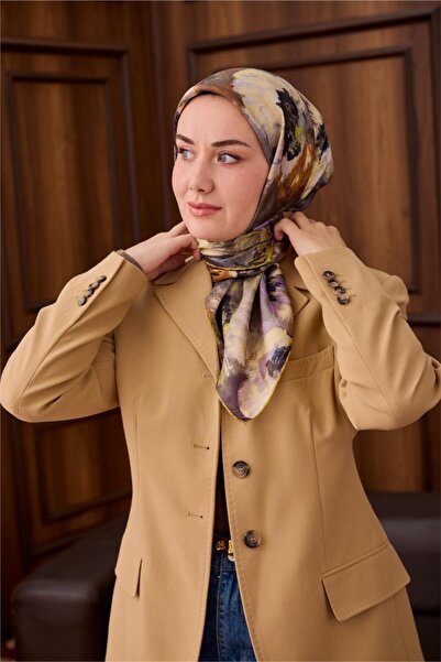 Silk Home وشاح حرير تويلي بنمط زيتوني-أرجواني 90x90