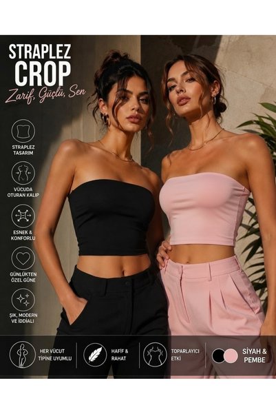 Olyssia Kadın 2'li Paket Siyah & Pembe Straplez Crop Top Büstiyer Esnek Bandeau Bluz – Basic Şık Günlük Üst