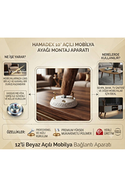 HAMADEX 12'li Açılı Beyaz Plastik Bağlantı Aparatı Masa , Sandalye, Sehpa (m8...