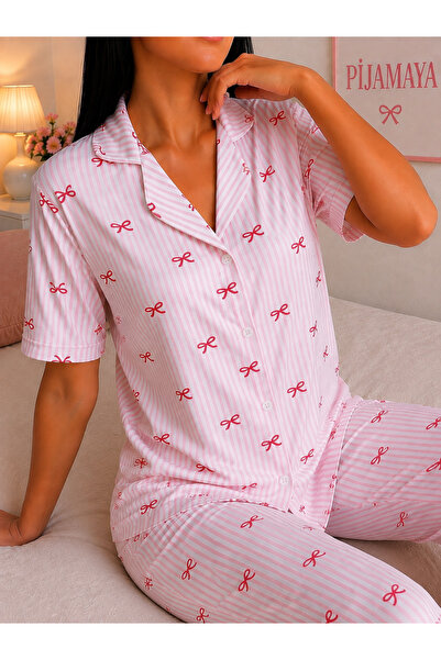 Pijamaya Luxury Soft Ribbon Patterned Buttoned Pajama Set - Pink