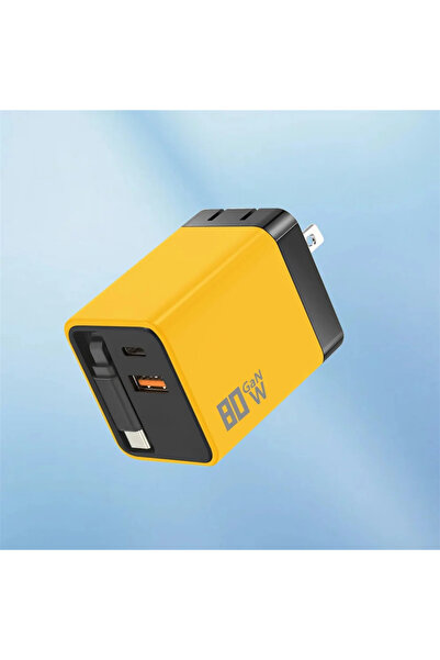 Choice Yellow US Plug 80W GaN USB C Fast Charger Retractable Cable Phone Char...
