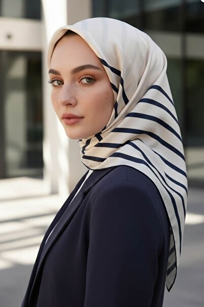 Vissona %100 Twill İpek Çizgili Desenli Krem - Lacivert Renkli 90x90 Eşarp Di...