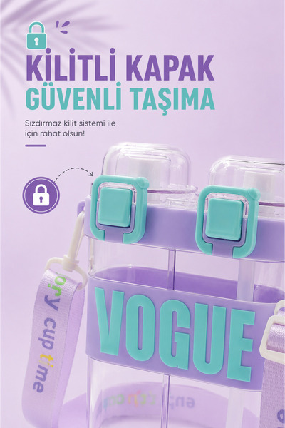 M&B WATER BOTTLE Çift Bölmeli Vogue Matara, Çift Kapaklı, Pipetli, Boyun Askılı Çocuk Okul Suluk