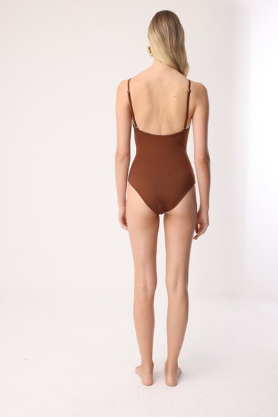 MİSSARWEN Quilted Chest Detail, Thin Straps, Brown Gathering Women's Swimsuit - Siena