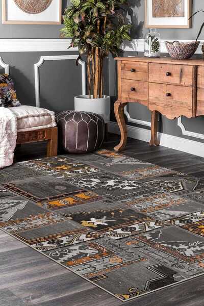 Frenda Patchwork Desenli Yıkanabilir Pamuk Taban Dijital Baskılı Halı Antrasit