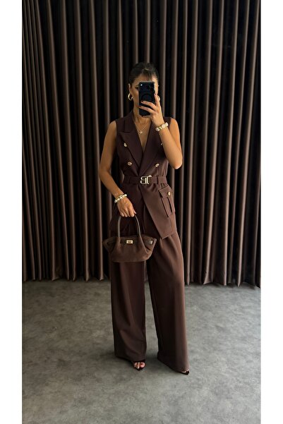 ZF BUTİK Women's Belted Vest Suit Brown