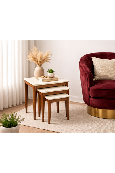 FAMİ HOME Porto 3’lü İç İçe Krem Ceviz Ahşap Ayaklı Modern Zigon Sehpa