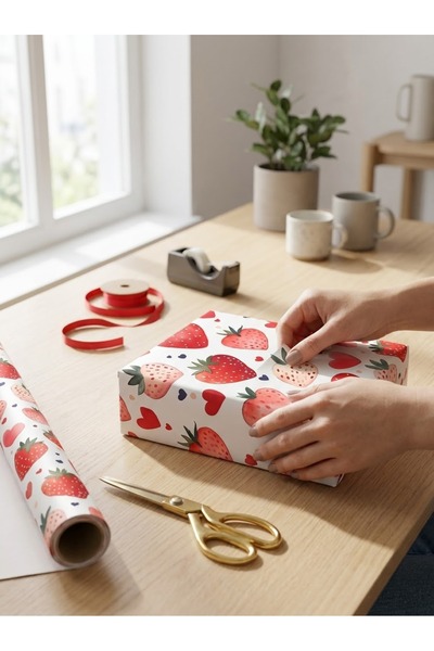 Rana İkra Art Çilek Temalı Hediye Paketi Kağıdı (10 Adet) (32,9*50 cm)