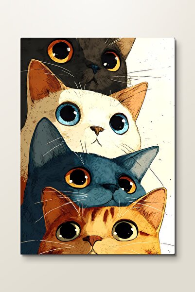 ArtPlaka Kedi Dostlar - Hayvan Metal Tablo - Mıknatıslı Montaj - Duvar Dekoru