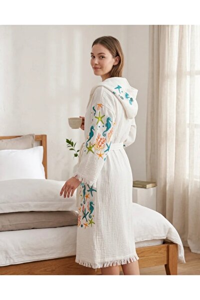 PIRILTI COLLECTION Hooded Muslin Bornuz~Sabahlik (Stone Printed) Length: 105-...