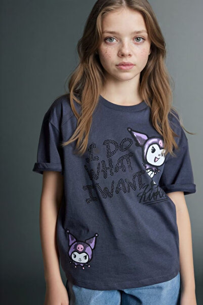 DeFacto 100% Cotton Kuromi Oversized Short Sleeve Anthracite T-Shirt for Girl...