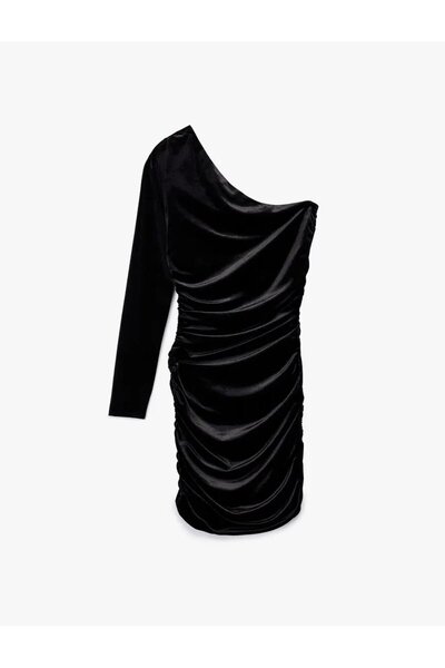 Koton One Shoulder Long Sleeve Bodycon Velvet Mini Evening Dress