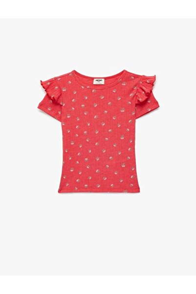 Koton Slim Fit Kısa Kollu Bisiklet Yaka Kiraz Baskılı Fırfır Detaylı Tişört