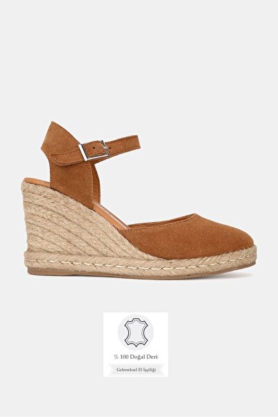 TUNAELLİ Women's Tan Suede Genuine Leather Size 36-41 Wedge Heel Daily Espadr...