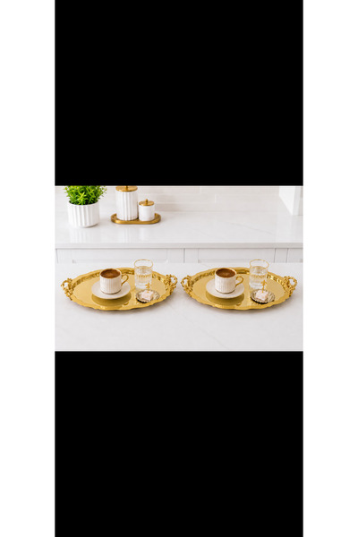 SUNVERA ÇELİK Gold Kulplu Aynalı Gold Sunum Tepsisi 2'li Set 20x26 cm – Pasla...