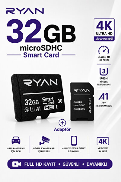 Ryan 32GB Micro SD Hafıza Kartı U3 V30 A1 SDHC 4K Video Destekli Yüksek Hızlı...