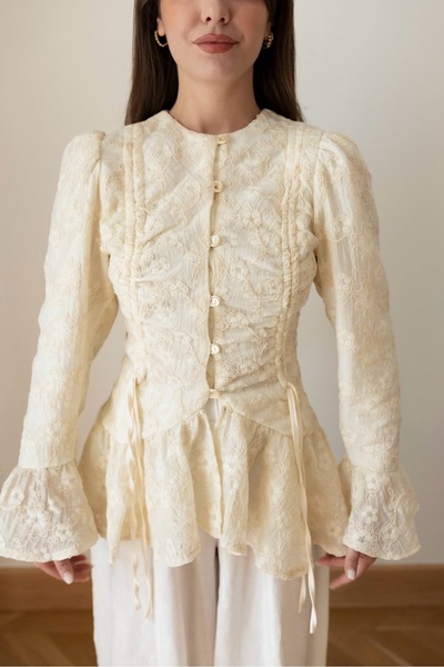 BRTC design Women's Cream Gathered Vintage Shirt with Embroidery Detail