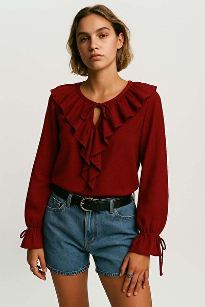 HAKKE Flounced Lace Detailed Long Sleeve Bluz