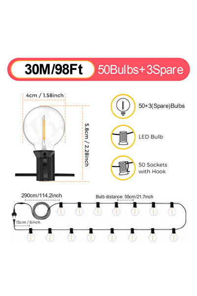 Choice 30m 50bulbs G40 LED Globe String Lights Outdoor, 3M/9M/15M IP65 Plasti...