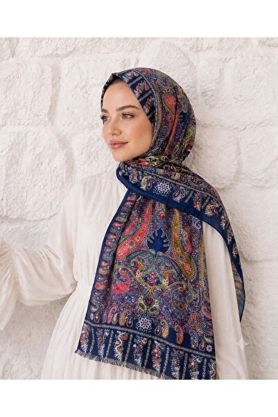 Axesoire 15176 Patchwork Desenli Lacivert Fransa Kumaşı Varaklı Şal