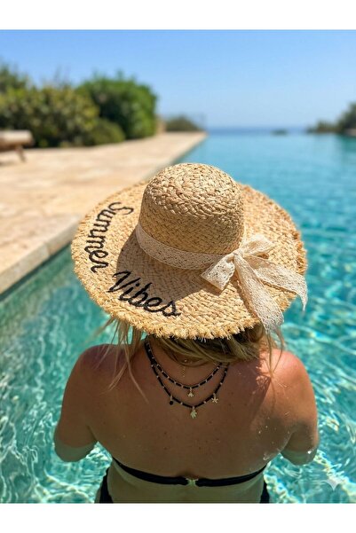 Trend Şapka 19050 Bej Summer Vibes Nakışlı Fiyonklu Geniş Hasır Şapka