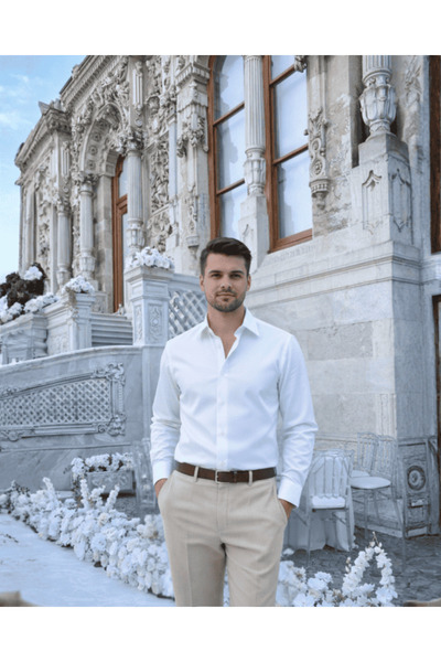 Beystil Slim Fit Beyaz Saten Gömlek