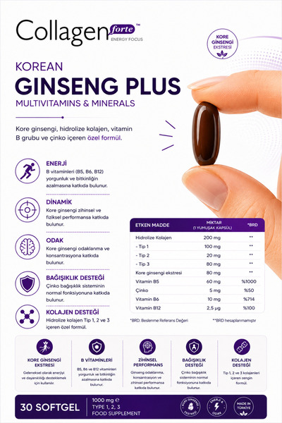 Collagen Forte Platinum Kırmızı Kore Ginseng Plus, Hidrolize Kolajen, Vitamin B5, B6, B12,çinko, Softgel 1000mg
