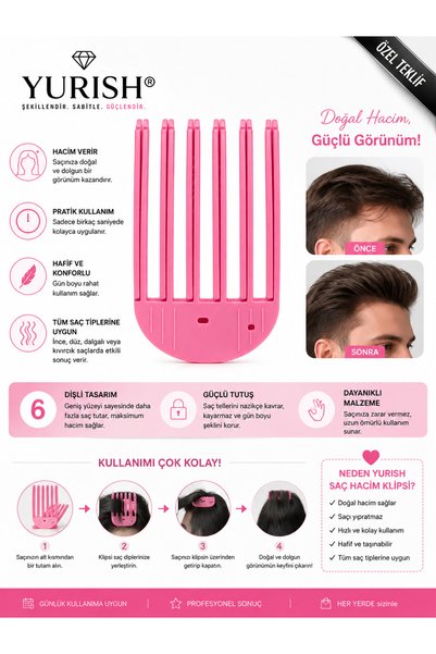 YURISH Büyük Boy Sihirli Saç Hacim Veren Klips Aparatı 6 Dişli / Hair Volume Clip/ Saç Tepesi Dolgunlaştırıcı Aparatı