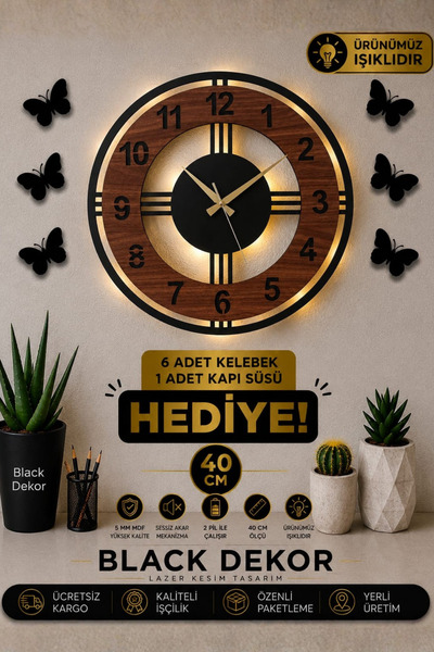 Blackdekor Ceviz Rengi Işıklı 40 Cm Ahşap Duvar Saati | Modern Ve Şık Dekorat...