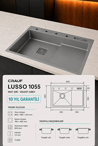 Crauf LUSSO 1055 MAT GRİ Paslanmaz Çelik Mutfak Evyesi 80x48 cm