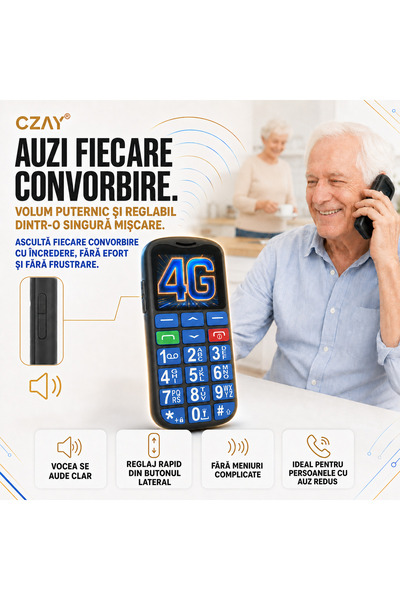 CZAY Telefon Mobil pentru Seniori cu Taste Mari CZAY®,Limba Romana, Volum Puternic,Ecran LCD Mare,4G