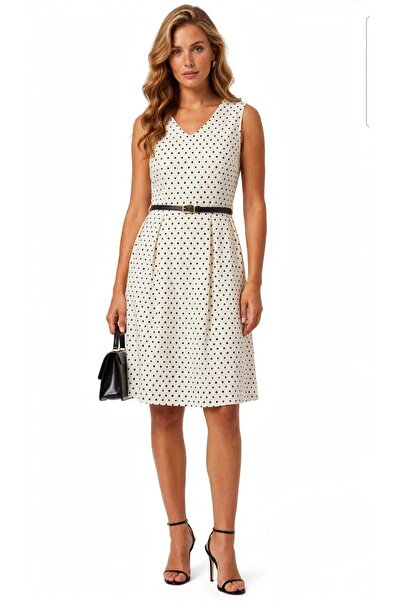Freeista Women's White Polka Dot Sleeveless Belted Midi Dress - Summer V-Neck...
