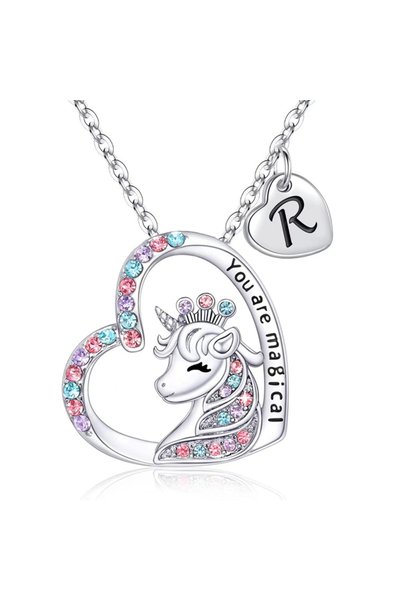 Choice R Initial Letter Unicorn Necklace You Are Magical Horse Pendant Neckla...