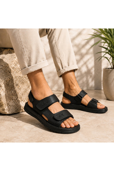 Castle Black Sandale casual pentru bărbați din piele naturală-negru (CB750)